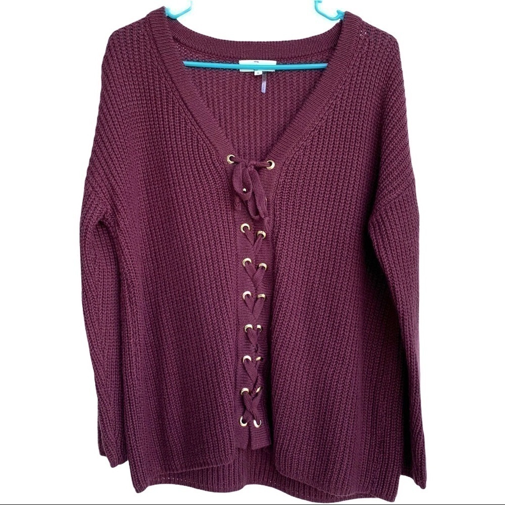 Entro Burgundy Knit Front Lace Up Chunky Knit Cozy Ribbed Sweater Size Small